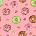 Sweet seamless background. Colorful donut watercolor paints on rose pike isolate background Royalty Free Stock Photo