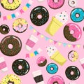 Sweet seamless donuts, coffe and ice cream pattern. Summer party background with flags garland. Can be used for wrapping