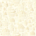 Sweet seamless pattern with cupcakes, cakes, cookies, candies and hearts in golden colors. Tasty food