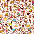 Sweet seamless pattern with cupcakes, sweets, ice-creams, cookies. Pastry seamless pattern. For birthday card, menu, package, text