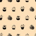 Sweet seamless pattern. Delicious food, cupcake, roll, cakes berries and creamy dessert on light background. Vector