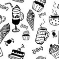 Sweet seamless pattern with drinks and sweets