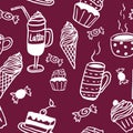 Sweet seamless pattern with drinks and sweets