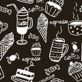 Sweet seamless pattern with drinks and sweets