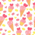 Sweet seamless pattern with ice cream, cupcake macaroons, hearts and flowers.