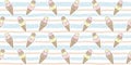 Sweet seamless pattern with kawaii ice cream characters with funny faces on a soft striped background with dots