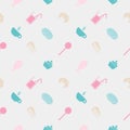 Sweet seamless pattern. Party food and deserts: ice cream, juice, croissant, lollipop, cupcake, popsicle, chocolate, milkshake, do