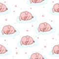 Sweet seamless pattern with sleeping baby pig cartoon illustration