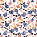 Sweet seamless pattern summer vibes ,hand drawn beach elements such as sunglasses, palm leaves,banana, orange, umbrella,Design for Royalty Free Stock Photo