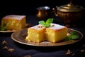 Sweet Semolina cake honey spoon oriental. Generate Ai