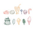 Sweet set hand drawn doodle. Ice cream, cake, candy, muffins. Royalty Free Stock Photo