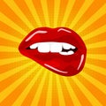 Sweet pop art Pair of Glossy Vector Lips. Open wet red lips with teeth pop art , illustration, pattern. Royalty Free Stock Photo