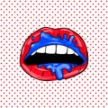 Sweet pop art Pair of Glossy Vector Lips. Open wet red lips with teeth pop art set backgrounds, illustration, pat Royalty Free Stock Photo