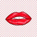 Sweet pop art Pair of Glossy Vector Lips. Open wet red lips with teeth pop art set backgrounds, illustration, pat Royalty Free Stock Photo