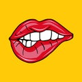 Sweet pop art Pair of Glossy Vector Lips. Open wet red lips with teeth pop art