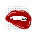 Sweet pop art Pair of Glossy Vector Lips. Open wet red lips with teeth pop art set, illustration, pattern Royalty Free Stock Photo