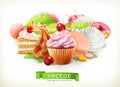 Sweet shop. Confectionery and desserts, cake, cupcake, candy, caramel. 3d vector illustration Royalty Free Stock Photo