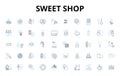 Sweet shop linear icons set. Candy, Confectiry, Sugary, Desserts, Lollipops, Chocolate, Gum vector symbols and line