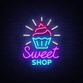 Sweet Shop logo is neon style. Candy Shop neon sign, banner light, bright neon night sweets advertising. Design template Royalty Free Stock Photo