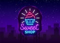 Sweet Shop logo is neon style. Candy Shop neon sign, banner light, bright neon night sweets advertising. Design template Royalty Free Stock Photo