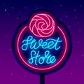 Sweet shop neon street billboard with lettering. Twisted pink candy. Night bright logo. Vector stock illustration