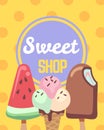 Sweet shop poster. Ice cream summer banner, three different desserts in waffle cone and on stick, watermelon vanilla and Royalty Free Stock Photo