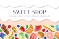 Sweet shop vector background. dripping melted chocolate or cream with sweets, desserts and berries on pink backdrop. sweets,