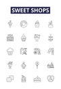 Sweet shops line vector icons and signs. Patisserie, Pastry, Dessert, Sugar, Sweet, Candy, Cake, Biscuit outline vector Royalty Free Stock Photo