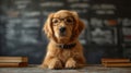 sweet shy golden retriever puppy with glasses sitting at the desk