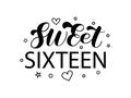 Sweet Sixteen brush lettering. 16x birthday girl. Phrase for shirt. Vector stock illustration Royalty Free Stock Photo