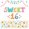 Sweet sixteen. Invitation flyer template design. Cute hand drawn