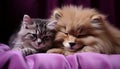 Sweet sleeping kitty and puppy on solid color background in studio shoot, creating an adorable scene