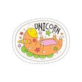 Sweet sleeping unicorn childish patch badge, cute cartoon animal sticker hand drawn vector Illustration on a white