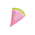 Sweet a slice of watermelon with green skin on white background cartoon icon. Fun cartoon a piece of watermelon icon