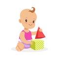 Sweet smiling baby sitting and playing with toy cubes, colorful cartoon character vector Illustration