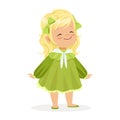 Sweet smiling little girl dressed in green dress and bows colorful cartoon character vector Illustration