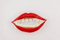 Sweet smiling mouth, model from clay Lips and gums were cut from colored clay, teeth of cubes of refined sugar Royalty Free Stock Photo