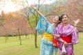 Sweet smiling women wearing traditional kimono Royalty Free Stock Photo