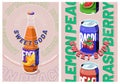Sweet soda ads with drink in bottle and tin can