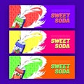 Sweet soda banners drink splashing out of tin cans