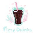 Sweet soda in glass with bubbles. Kawaii isolated on white doodle vector illustration. Title fizzy drinks. Cute brown Royalty Free Stock Photo