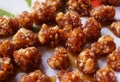 sweet and sour chinese pork appetizer food, close up sweet sago food