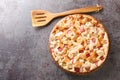 Sweet and sour delicious rhubarb pie with almonds close-up in a dish. horizontal top view Royalty Free Stock Photo