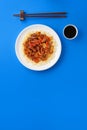 Sweet and Sour fried pork chunks with vegetables and rice. Top view with copy space Royalty Free Stock Photo