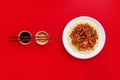 Sweet and Sour fried pork chunks with vegetables and rice. Top view with copy space Royalty Free Stock Photo