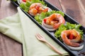 Sweet and sour shrimp, prawn cocktail on long square dish and wo Royalty Free Stock Photo