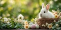 Sweet spring Easter composition with white bunny, pastel eggs and blooming meadow flowers in natural outdoor setting Royalty Free Stock Photo