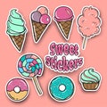 Sweet stickers Food Badges Set, Stickers, donuts, Candies, Cakes, Ice Cream in Pop Art Comic Style. Vector illustration