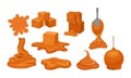 Sweet Sticky Caramel Flowing Down from Spoon in Layers and Formed in Cube Shapes Vector Set