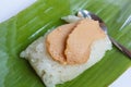 Sweet sticky rice with egg custard topping. Royalty Free Stock Photo
